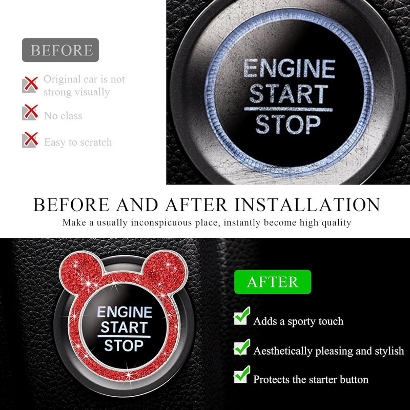 Wevdn Bling Car Engine Start Button Cover, Rhinestone Ring Start Button Cover Sticker, Little Cute Key Ignition & Knob Ring Decoration, Sparkling Car Interior Accessories for Women (Red) - Image 3